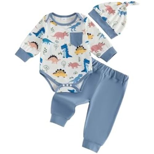 Newborn Baby Boy Dinosaur Outfit Long Sleeve Romper Cotton Jogger Pants Hat 3Pcs Infant Fall Casual Clothes 0-18M