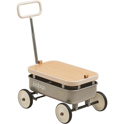 PULA-Wild 3-in-1 Kids' Pull-Along Wagon Toddlers Push Walker for 2.5-8, Removable Wooden Cover and Adjustable Handlebar, Birthday Gifts Max Weight 33 lbs (Grey)