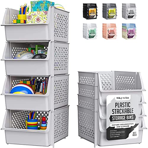 TidyFriend Stackable Storage Bins for Pantry, 4 Pack Stackable Bins For Organizing Food, Kitchen, and Bathroom Essentials (Light Grey)