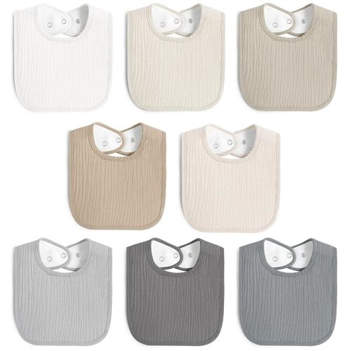 8 Pack Muslin 100% Cotton Baby Bibs for Unisex, Soft and Absorbent Gender Neutral Set for Feeding and Drooling - Grey