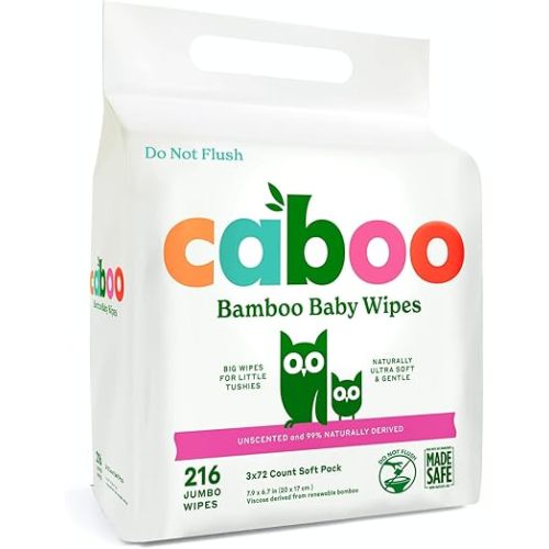 Caboo Baby Wipes, Made with Bamboo Viscose, Certified Made Safe Ingredients, Unscented Baby Wipes Good for Sensitive Skin, 72 Wipes Per Travel Pack, Total of 216 Wet Wipes