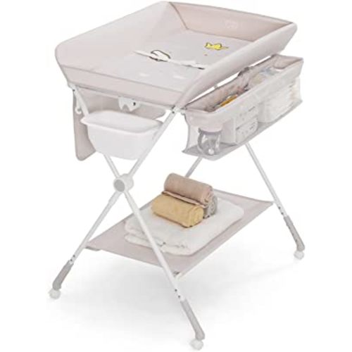 BABY JOY Baby Changing Table, Portable Folding Diaper Changing Station with Wheels, Adjustable Height, Large Storage Rack, Water Basin, Safety Belt, Mobile Nursery Organizer for Newborn Infant, Beige