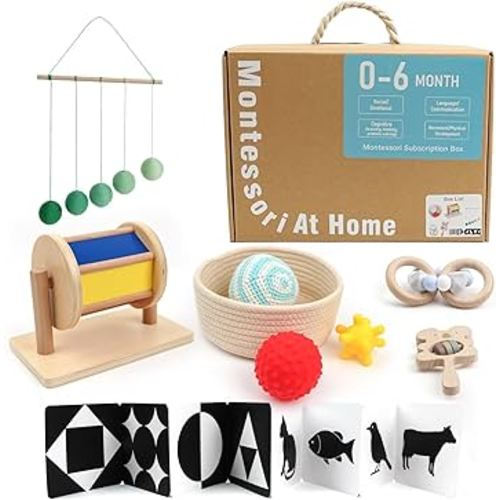 Montessori Toys for Babies 0-6 Months, 6 in 1 Learning Educational Set Toys (Includes Wood Koala Rattle, Spinning Drum, Foldable Black White Cards,Mobile Ball, Teether,Basket with Balls)