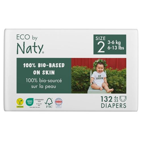 Eco by Naty Eco-Friendly Baby Diapers Newborn - 100% Plant-Based Materials on Skin, Extra Soft, for Sensitive Skin & Super Absorbent (Size 2, 132 Count)