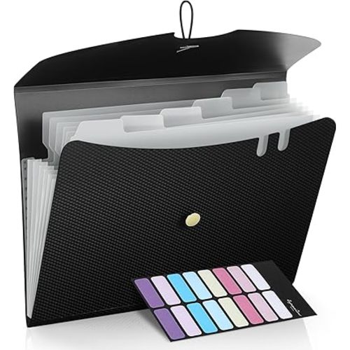 Sooez 7 Pocket Expanding File Folder, Premium Accordion File Organizer, Letter Size Folders for Documents, Sleek Filing Folders with Bungee Closure, Portable Folders for School Office Supplies, Black