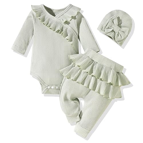 fioukiay Preemie Newborn Baby Girl Clothes Infant Girl Solid Ribbed Outfits Ruffle Romper and Pants 3PC Clothing Sets