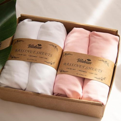 Baby Bassinet Sheets 4 Pack Compatible with 33" x 20" Mika Micky, Baby Delight, Dream On Me and Other Rectangle Bassinet Mattress, Ultra Soft & Skin Friendly, Washer & Dryer, Pink and White