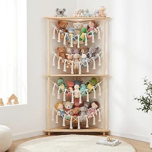 YKBU Wooden Corner Stuffed Animal Storage Organizer, 4-Tier Boho Macrame Toy Hammock Display Shelf, Free-Standing Open-Access Teddy Bear Zoo Holder for Nursery, Playroom & Kids Bedroom