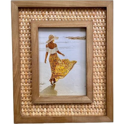 Rattan and Wood Picture Frame | Coastal or Boho Picture Frame | Tabletop Stand and Wall Mount (for 5x7 Photos) | Single Display or Gallery Wall