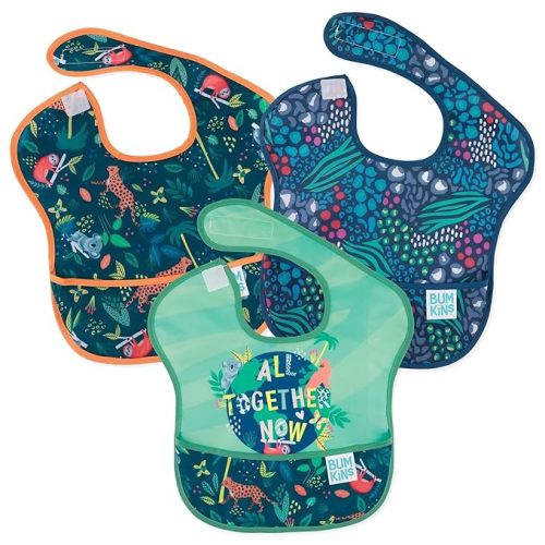 Bumkins Bibs for Girl or Boy, SuperBib Baby and Toddler for 6-24 Months, Essential Must Have for Eating, Feeding, Baby Led Weaning Supplies, Mess Saving Catch Food, Waterproof Fabric 3-pk Jungle