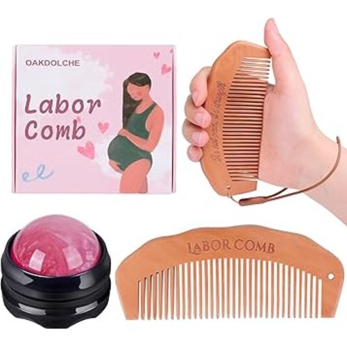 Birth Comb & Massage Roller Ball Kit for Women Labor and Delivery Essentials, Wooden Labor Comb Pregnancy Must Haves, Designed for Expectant Moms