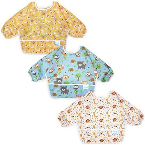 3 Pcs Long Sleeved Bib Set | Baby Waterproof Bibs with Pocket Bundle Toddler Bib with Sleeves and Crumb Catcher 6-24 Months