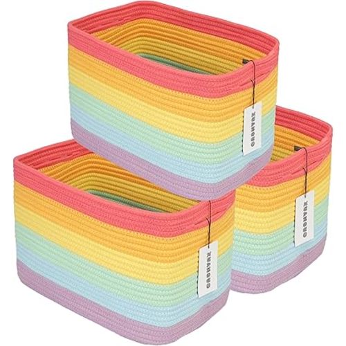 Rianbow Storage Basket Kids Bins Woven Basket for Organizing Toy storage Organizer Shelves Baskets Baby Room Nursery basket organizer Cute Square Rope Basket For Classroom 3 pack