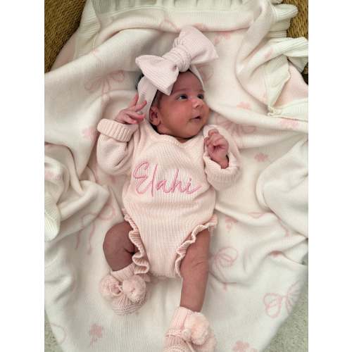 CLASSIC BIRTH ANNOUNCEMENT FRILL ROMPER - BABY PINK