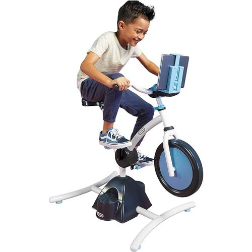 Little Tikes Pelican Explore & Fit Cycle Adjustable Play Fitness Exercise Equipment Stationary Bike with Videos and Built-in Bluetooth Speaker, For Kids Ages 3-7 Years, WHITE, BLUE