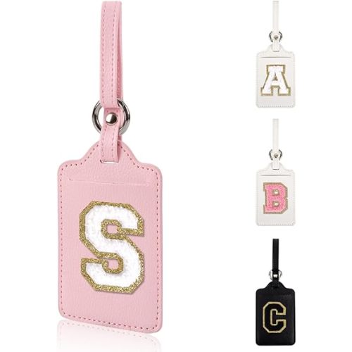 Personalized Initial Luggage Tags for Suitcases, Leather Chenille Letter Cute Luggage Tags with Privacy Name Card, Embroidered Travel Bag Backpack Tags Gifts for Women Kids Girls Teens(Pink-S)