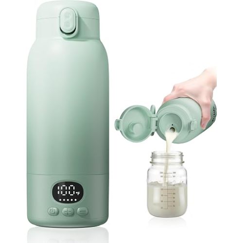 Portable Bottle Warmer - Dual Heating Modes for Breast Milk & Water, 17 Ounces, Fast Heating, Long Lasting Battery, Ideal for Travel, Outdoor, Baby Shower, Light Green