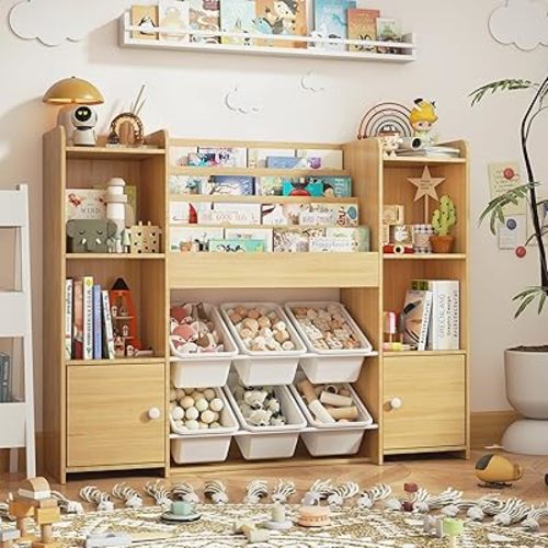 Toy Storage Organizer and Kids Bookshelf with 6 Toy Bins, Wooden Toy Organizers and Storage with 6 Cabinets for Living Room, Kids Room, Playroom, Nursery and Kindergarten