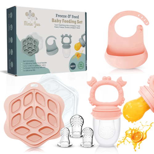 Minie Joo Baby Fruit Feeder, Adjustable Bib, and Breastmilk Popsicle Molds for Teething Relief-3 Pacifier Sizes (Pink)
