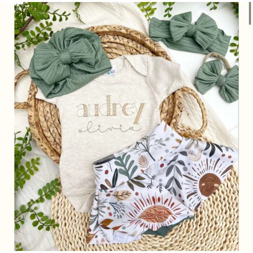 Personalized Baby Girl Outfit | Oatmeal Bodysuit Floral Sage Green Ski – Wonderfully Made