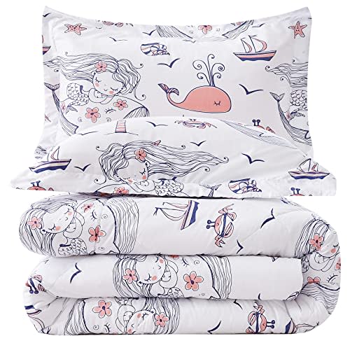 JSD Mermaid Twin Comforter Set for Girls, 2 Piece Ocean Theme Microfiber Comforter with Pillow Sham, Lightweight All Season Washable