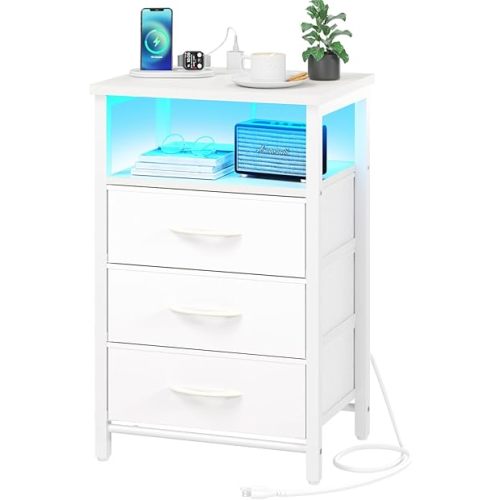 Yoobure Night Stand with Charging Station, 16 Colors LED Nightstand with USB Ports and Outlets, End Table with 3 Fabric Drawers and Storage Shelf, Bedside Tables Small Dresser for Small Space White
