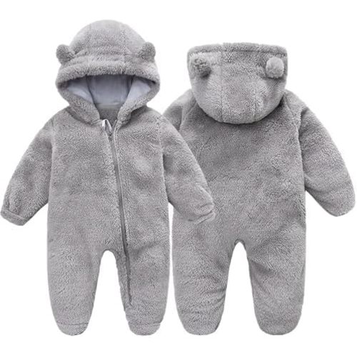 BYFRI Baby Fluffy Onesies Infant Fleece Jumpsuits Cute Bear Hooded One Piece Outfit Newborn Snowsuit Footed Outerwear