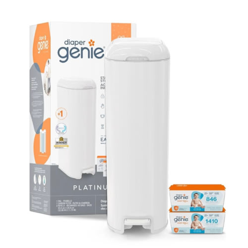 Diaper Genie Platinum Pail Gift Set, Lily White, Made of Durable Stainless Steel and Includes 2 Easy Roll Refills with 18 Bags and 30 Bags
