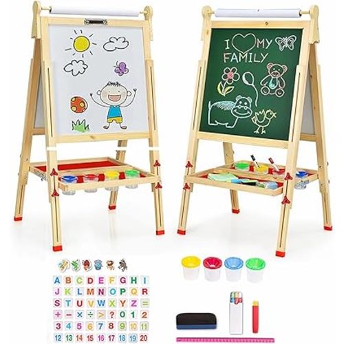 EAQ Easel for Kid,Height Adjustable Wooden Art Easel,Whiteboard Chalkboard with Paper Roll Holder,Letters and Numbers Magnets and Other Accessories Best Birthday Gift for Kids
