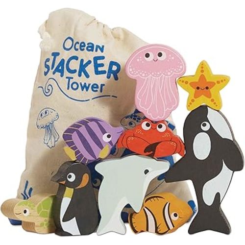 Le Toy Van - Wooden Toys - Petilou Baby & Toddler - Ocean Animal Building Blocks Stacker & Bag - Educational Balancing Activity Toy - Wooden Blocks Aquatic Animal Toys - Kids Toys Age 18 Months+