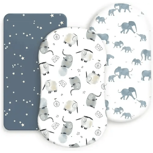 Stretchy Ultra Soft Fitted Bassinet Sheets Set 3 Pack, Universal Fit for Bassinets Baby Cradle Moses Basket Oval Rectangle Mattress Safe and Snug, Stylish Bassinet Sheet of Elephant Print