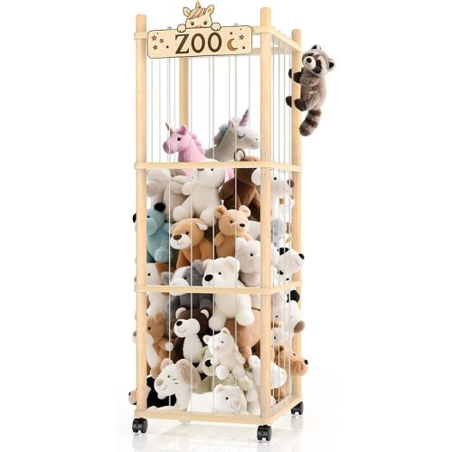Stuffed Animal Storage Organizer,56In Wooden Kids Zoo Stuffed Animal Holder Cute Toy Storage Cage with Elastic Band,Extra Large Plushies Storage Organizers for Playroom Bedroom Nursery Toddler Rooms