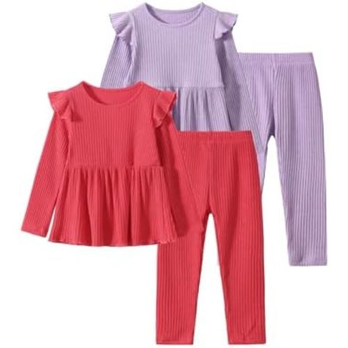 Girls' Clothes Set 4 Piece Rib Long Sleeve Outfits Ruffle Solid Top and Pants set 4-12Y
