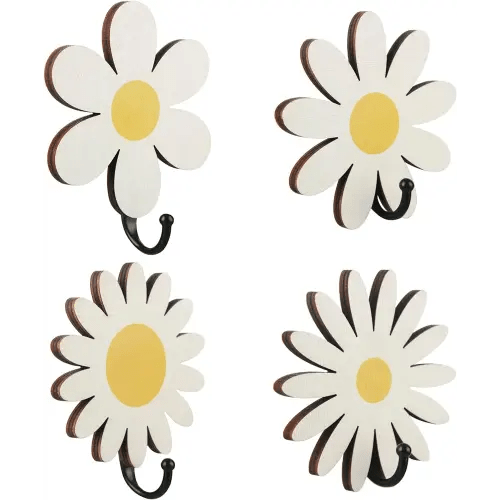4 Pcs Daisy Wall Hooks Kids Wooden Wall Adhesive Hooks Cute Baby Nursery Wall Hangers for Boys Girls Bathroom Bedroom Home Decor Robe Towel Clothes Hats