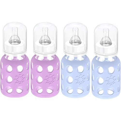 Lifefactory Glass Baby Bottles with Silicone Protection - 4-Pack, 4 oz Each Bottle (2- Blanket & 2- Lavender)