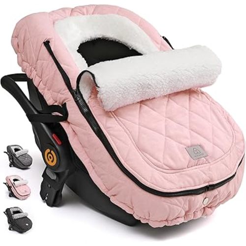 ACRABROS Car Seat Cover Baby: Winter Infant Carseat Canopy for Boy Girl Newborn, Zipper Peeping Window, Warm Cozy Cold Weather Waterproof Fitted, Pink