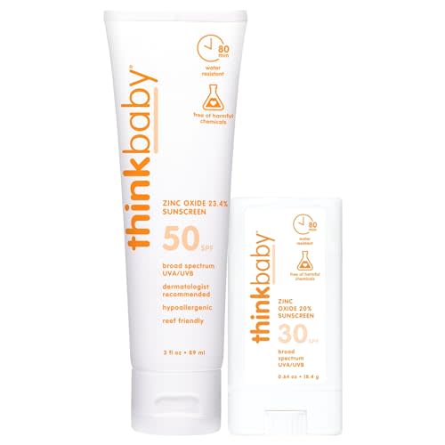 Thinkbaby SPF 50+ Baby Mineral Sunscreen, 3 oz + Thinkbaby SPF 30+ Sunscreen Stick, 0.64 oz, Water Resistant - Broad Spectrum UVA/UVB Sun Protection