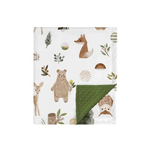 HawSkgFub Boho Woodland Animal Minky Baby Blanket with Dotted Backing Boy Girl Gift, Green Bear Deer Fox Double Layer Nursery Bed Blankets, Soft Plush Newborn Infant Toddler Kids Crib Bedding 30 x 40