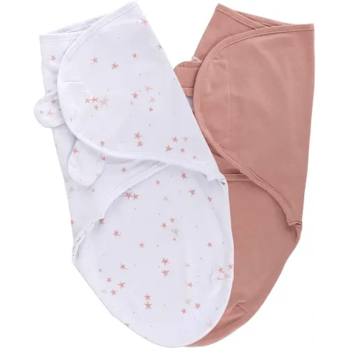 Ely's & Co. Adjustable Swaddle Blanket Infant Baby Wrap 2 Pack (Mauve Pink Stars & Solid Dusty Rose 0-3 Months)