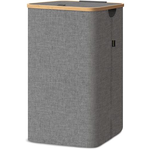 BALEINE Laundry Hamper with Lid, Tall Laundry Baskets with Bamboo Pull Handles, Large Laundry Bin with Internal Support (26 Gallon, Grey)