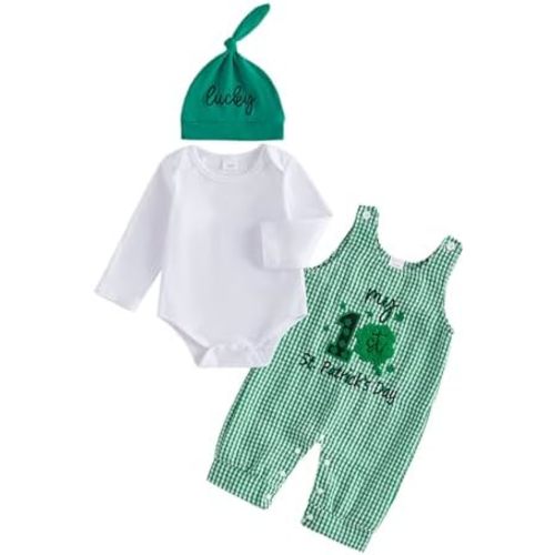 BeQeuewll Baby Boy St Patricks Day Outfit Newborn Romper+Plaid Shamrock Overalls+Hat 3Pcs Babys First St Patricks Day Outfit