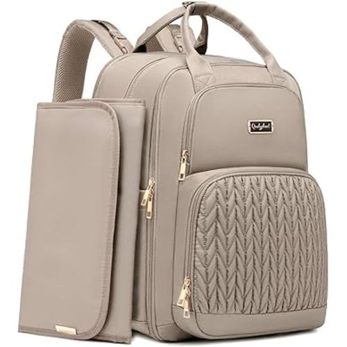 Diaper Bag Backpack - Extra Large Diaper Bag for Two Kids Twins (Expandable 30-38L) - Travel Baby Backpack with Changing Pad for Mom Dad (Quilted, Water Resistant, Brown Taupe)