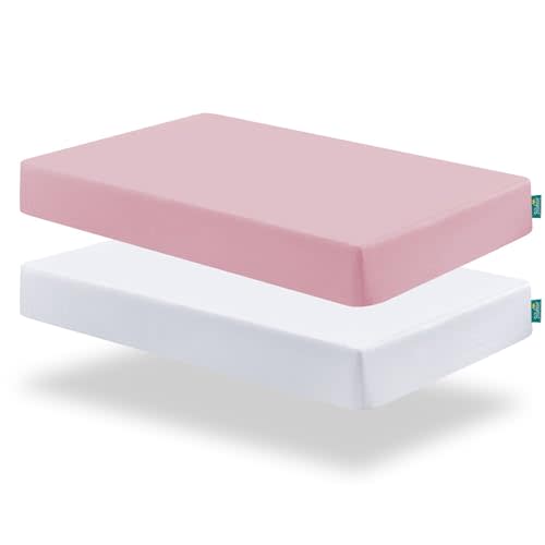 Biloban Pack and Play Sheets Fitted, 2 Pack Pack and Play Sheet Fits for Graco Pack n Play Mattress, Neutral Playard Sheets for Baby Boys and Girl, White & Pink, 38”X 26”