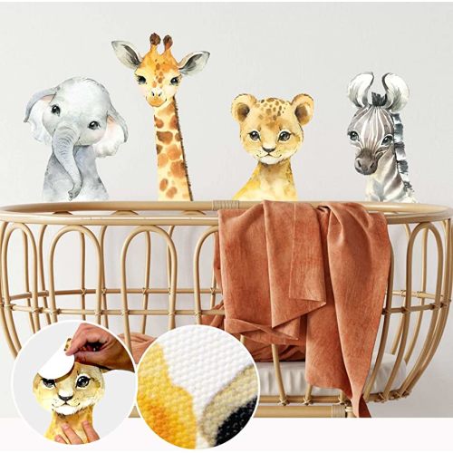 Wonderland Time Safari Wall Decals, Fabric Boho Baby Watercolor Animal Stickers, Montessori Sensory Touch, Nursery Decor Set of 4, Lion, Elephant, Giraffe, Zebra,Kids Room LARGE - (Each x4 A4 Size)