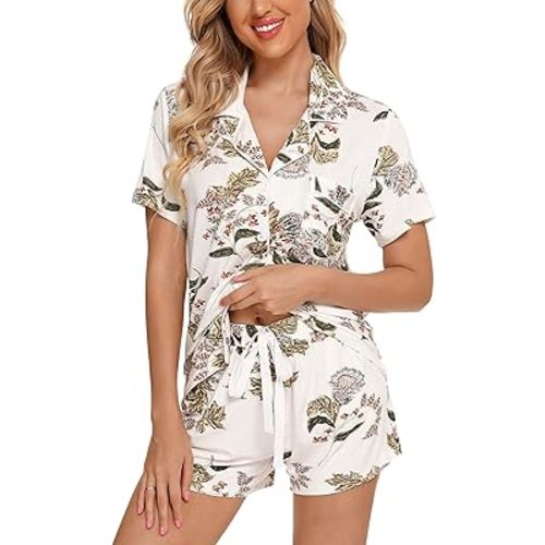 Gepansis Womens Pajama Sets Soft Button Down Sleepwear Short Sleeve Pjs Set Lounge Set S-XXL