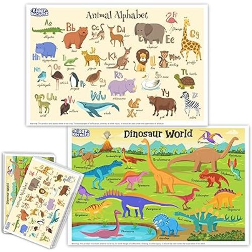 40 Pack Waterproof Disposable Placemats for Baby, Place mats for Kids, Toddler - Kids Placemats for Dining Table Tyke, Restaurants, and Travel (Dinosaur and Animal Alphabet Theme)