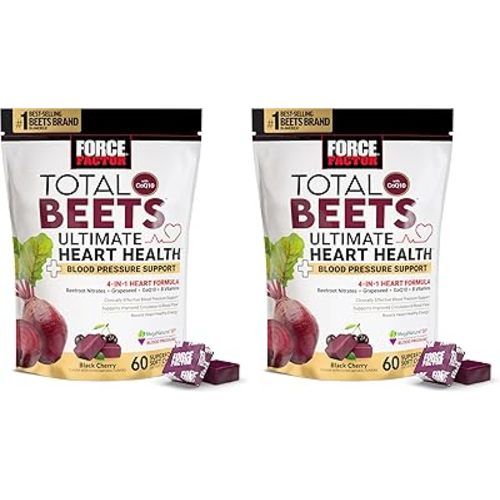 Force Factor Total Beets Ultimate Heart Health Chews for Blood Pressure Support,with Beetroot Powder,CoQ10,B Vitamins & Grapeseed Extract for Blood Flow & Energy,Black Cherry,60 Soft Chews,(Pack of 2)