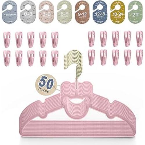 Velvet Baby Hangers with Clips – Organize Baby Clothes by Age with Size Dividers – Save Closet Space for Newborn to Toddler Outfits – Perfect Nursery Must-Have (Petal)