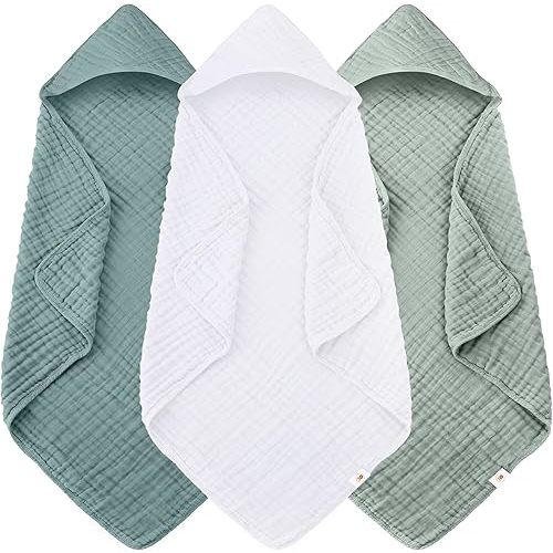 Sunny zzzZZ Muslin Hooded Baby Bath Towels - 3 Pack 100% Cotton Soft Low-Saturation Pastel Towels Including Classic White for Newborns, Infants, Toddlers - 32x32 Inch - Light Emerald and White