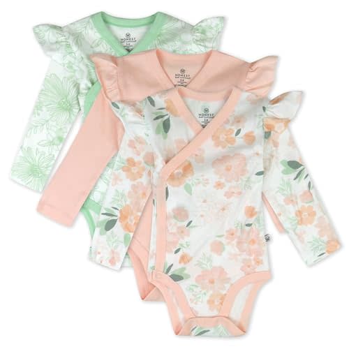 3 Pack Long Sleeve Side Snap Ruffle Shoulder Bodysuit 100% Organic Cotton for Infant Baby and Toddler Girls